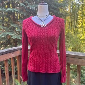Elegant V-Neck Red Cable Knit Sweater